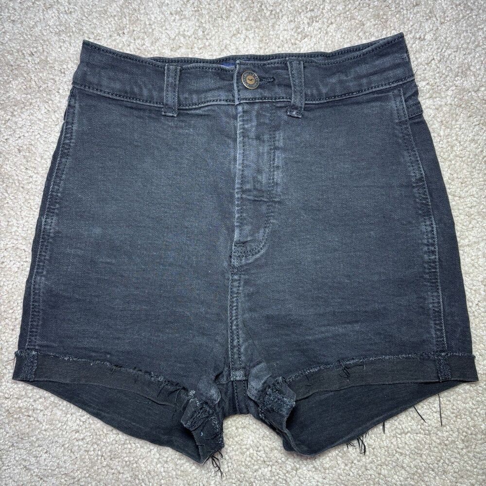 Hollister Black Cuffed & Frayed Denim Shorts Women's 25" Waist One Way Stretch